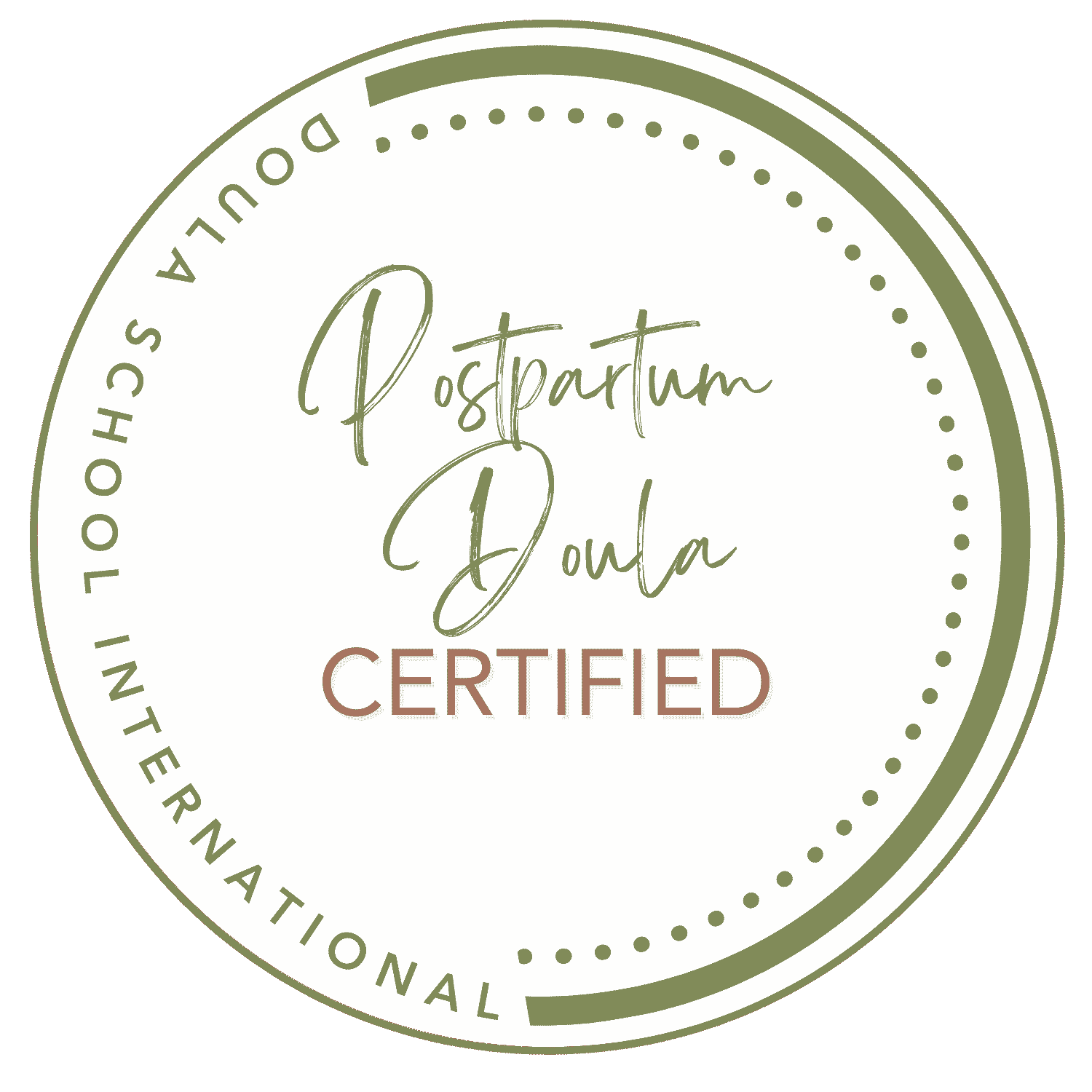 Circular badge with the text 'Postpartum Doula Certified' and 'In partnership with SCHELLER SOUTHERN INTERNATIONAL' around the border, and decorative dots along the edge.