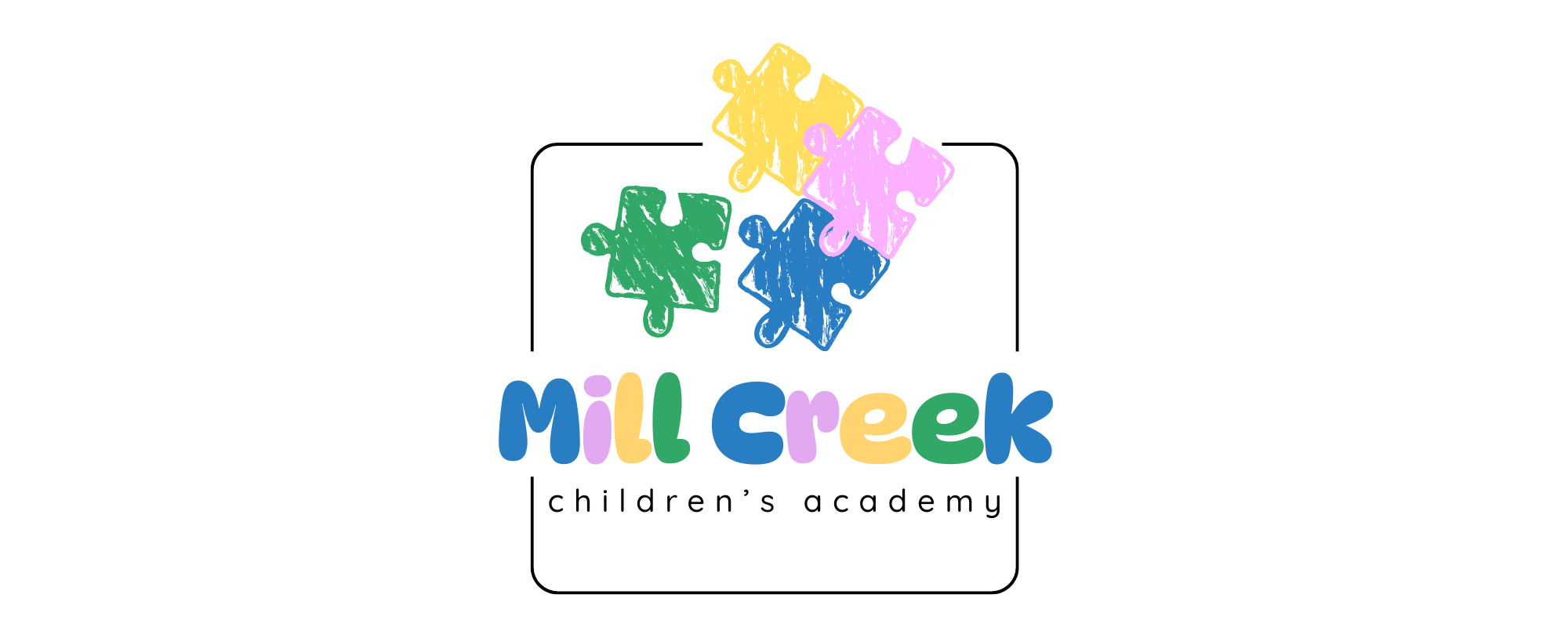 Colorful logo for Mill Creek Children's Academy with four puzzle pieces in yellow, pink, green, and blue, and the name 'Mill Creek' in multicolored letters, alongside the text 'children's academy'.