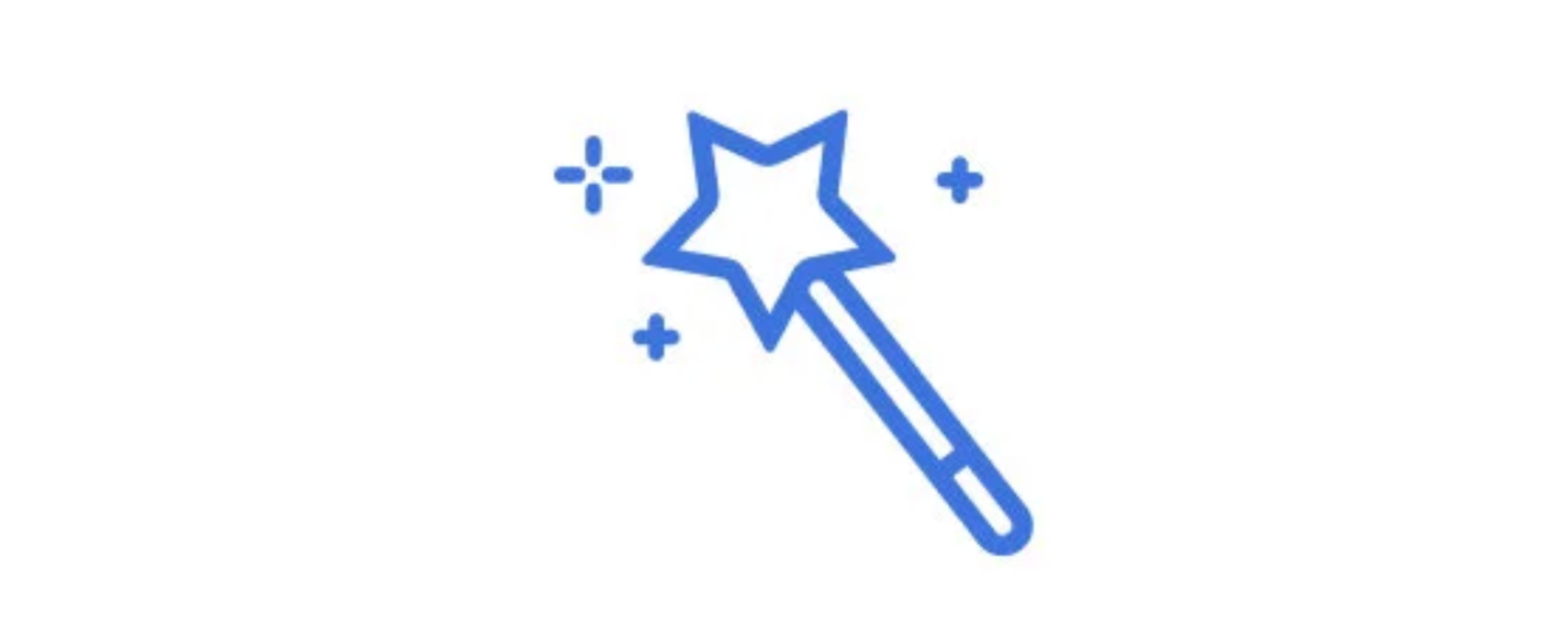 Blue outline of a magic wand with a star at the tip and sparkles around it.