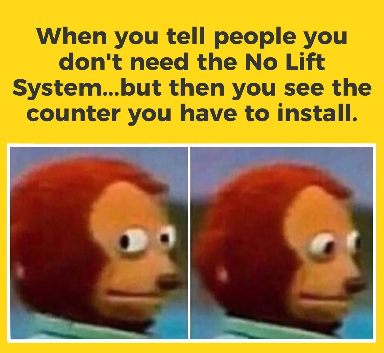 A humorous meme showing two images of a cartoon lion's head. The text says, "When you tell people you don't need the No Lift System...but then you see the counter you have to install." The lion's expression appears to change from neutral to surprised