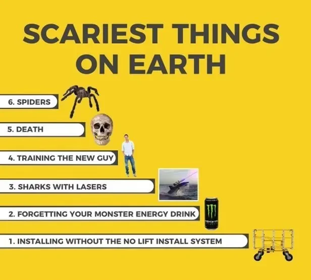 A yellow poster listing the 'Scariest Things on Earth' with six items: 1. Installing without the no lift install system, 2. Forgetting your monster energy drink, 3. Sharks with lasers, 4. Training the new guy, 5. Death, 6. Spiders, with images repres