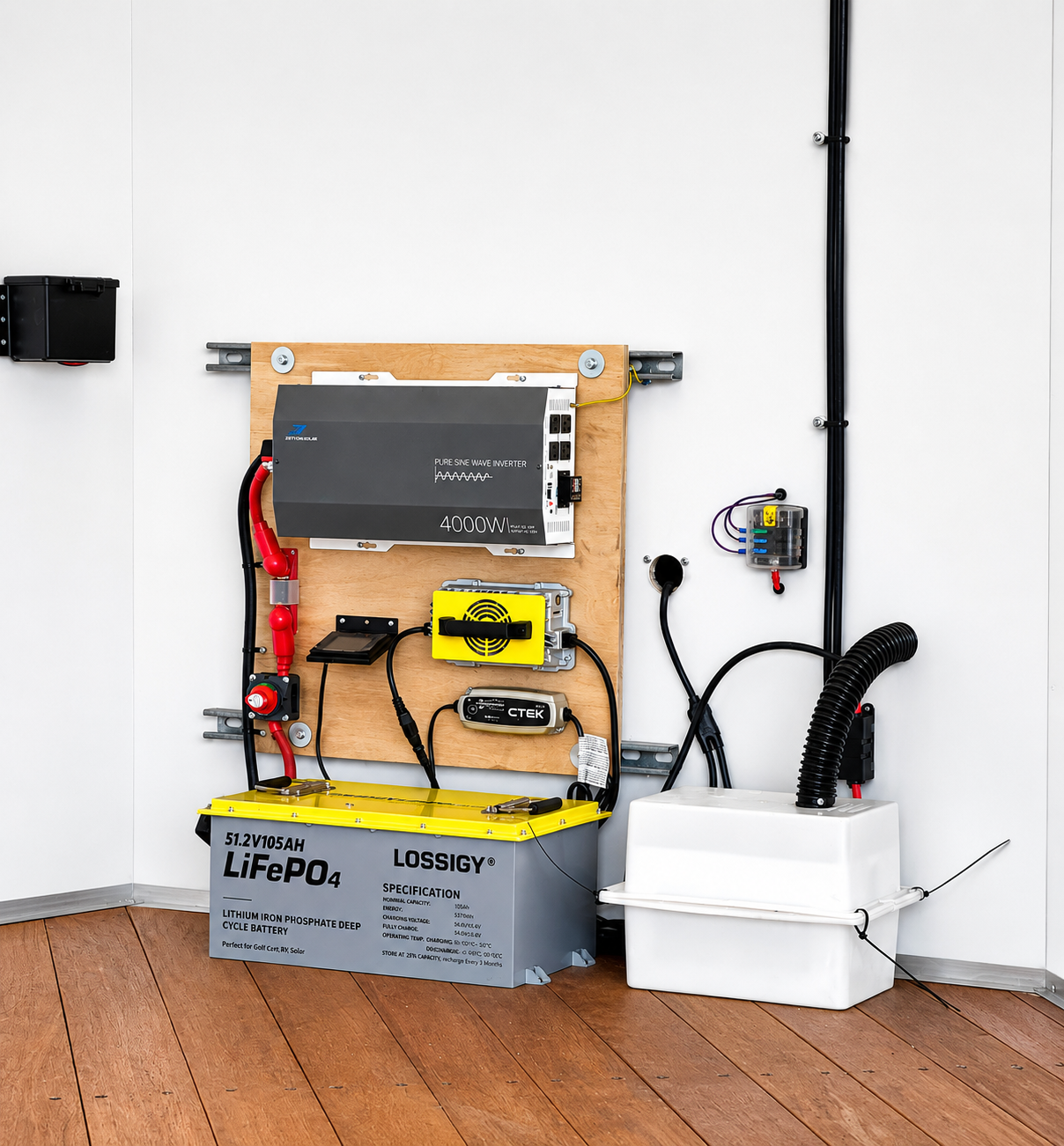 An electrical setup including a lithium iron phosphate deep cycle battery, an inverter, a yellow warning device, a box with wires and a fuse, a black pipe, and other electronic components mounted on a wooden panel against a white wall.