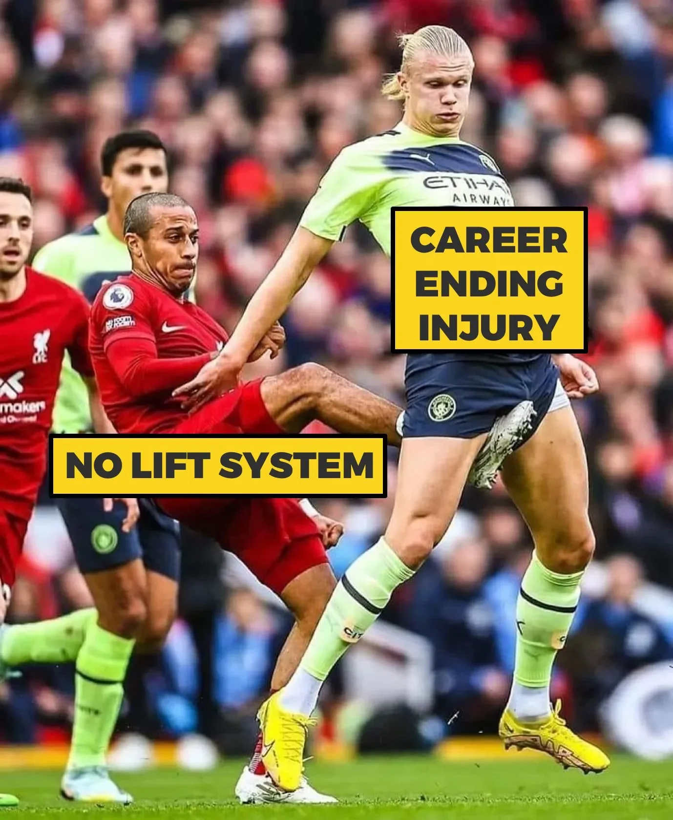 A soccer match with players in red and yellow uniforms. One player in yellow is kicking the ball, while a player in red seems to be tripping or falling. The image has text overlays that read 'Career Ending Injury' and 'No Lift System'.