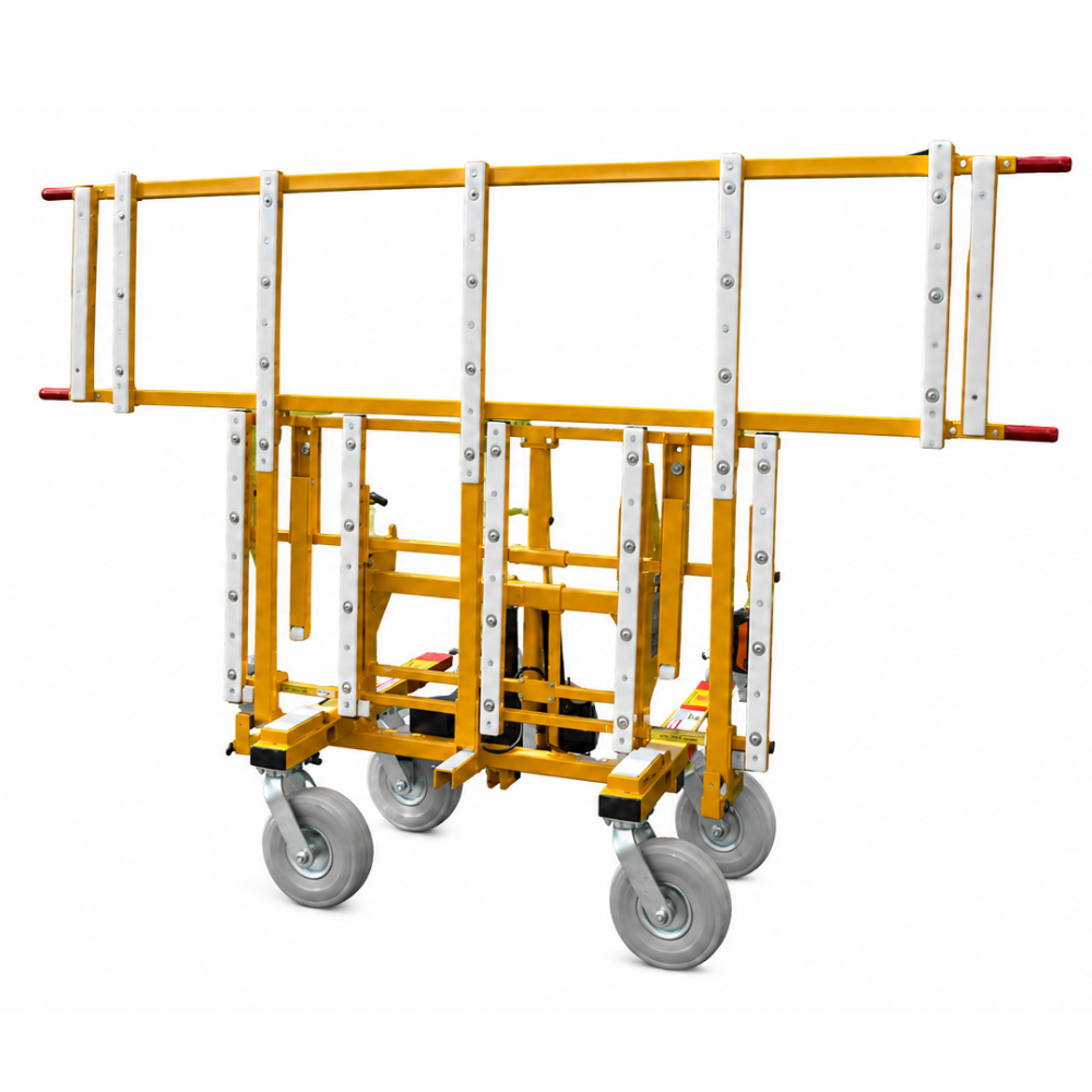 A yellow and white mobile scaffold tower with wheels, used for construction or maintenance work.