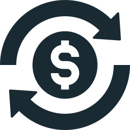 A dollar sign surrounded by circular arrows representing a financial cycle or currency exchange