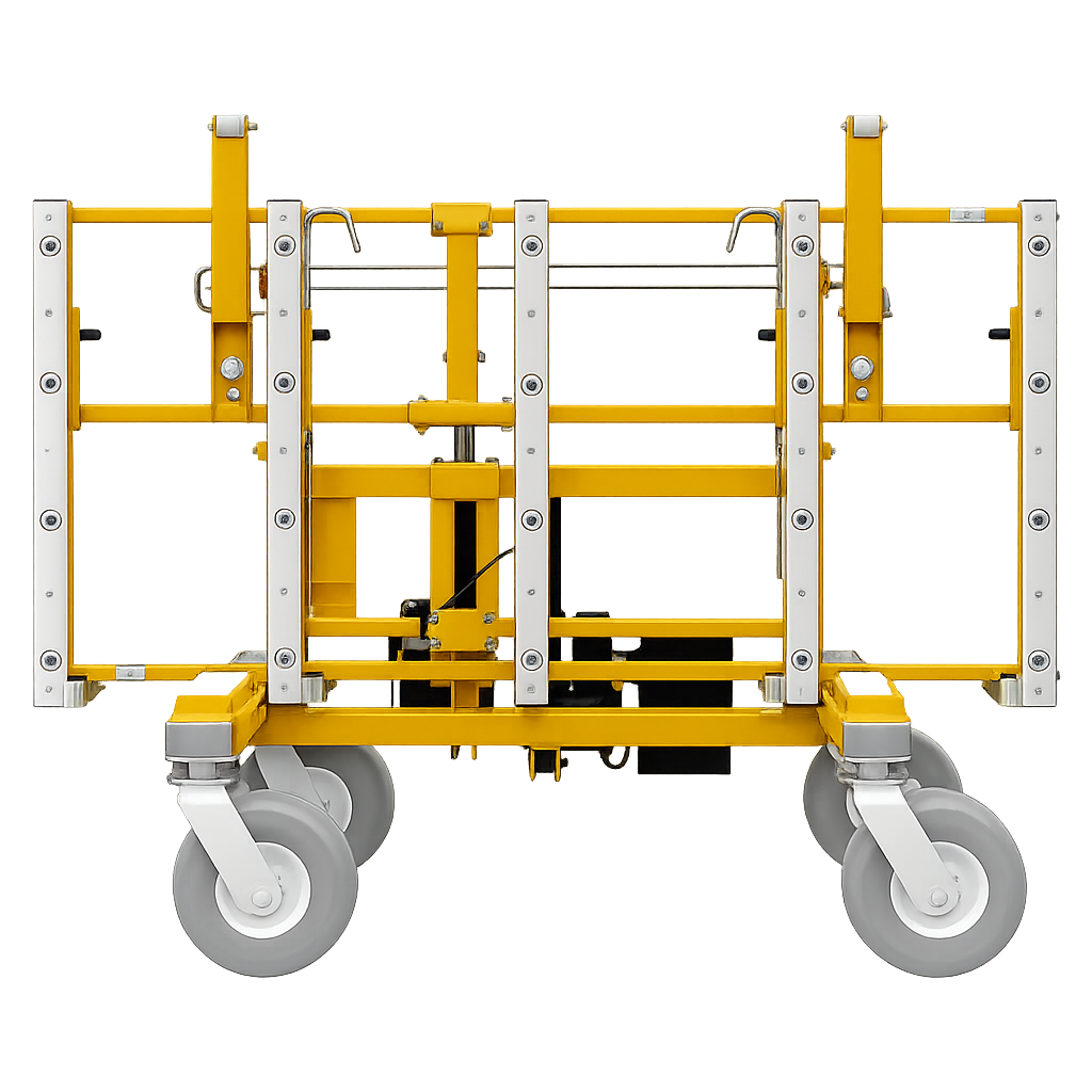 Yellow cart with large wheels and metal rails, used for lifting and transporting heavy objects in industrial or warehouse settings.