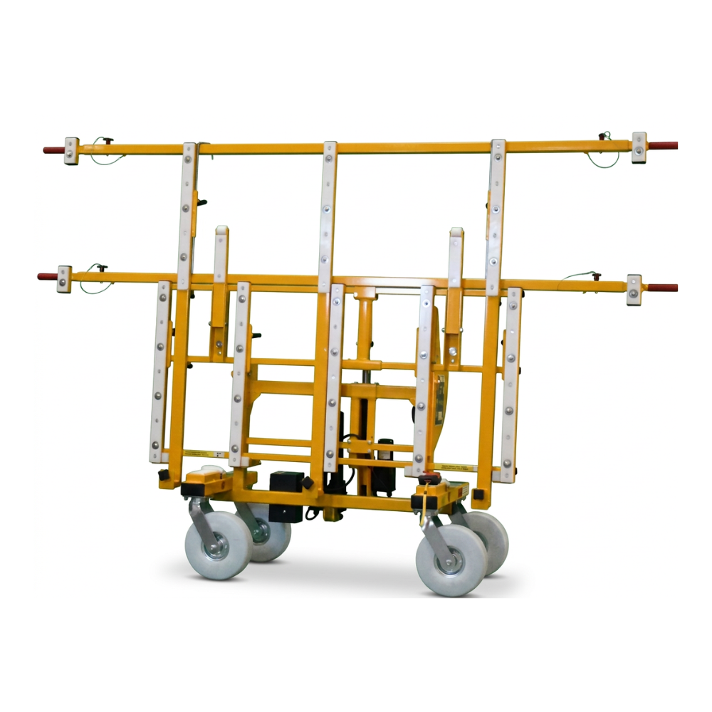 Yellow and white patient lift with wheels and adjustable arms.