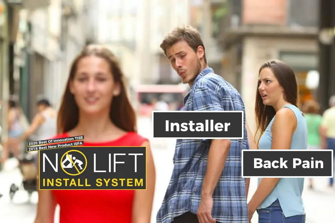 A man and a woman standing on a busy city street, with the man looking at the camera and the woman looking to the side. The image has text labels: 'Installer' pointing to the man, 'Back Pain' pointing to the woman in the blue shirt, and a logo with t