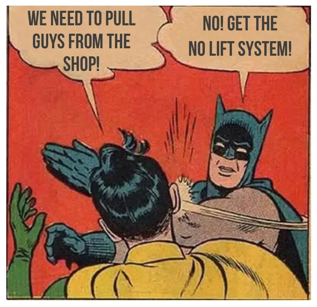 Comic-style illustration of Batman striking Robin and saying 'No! Get the no lift system!' while Robin says 'We need to pull guys from the shop!'