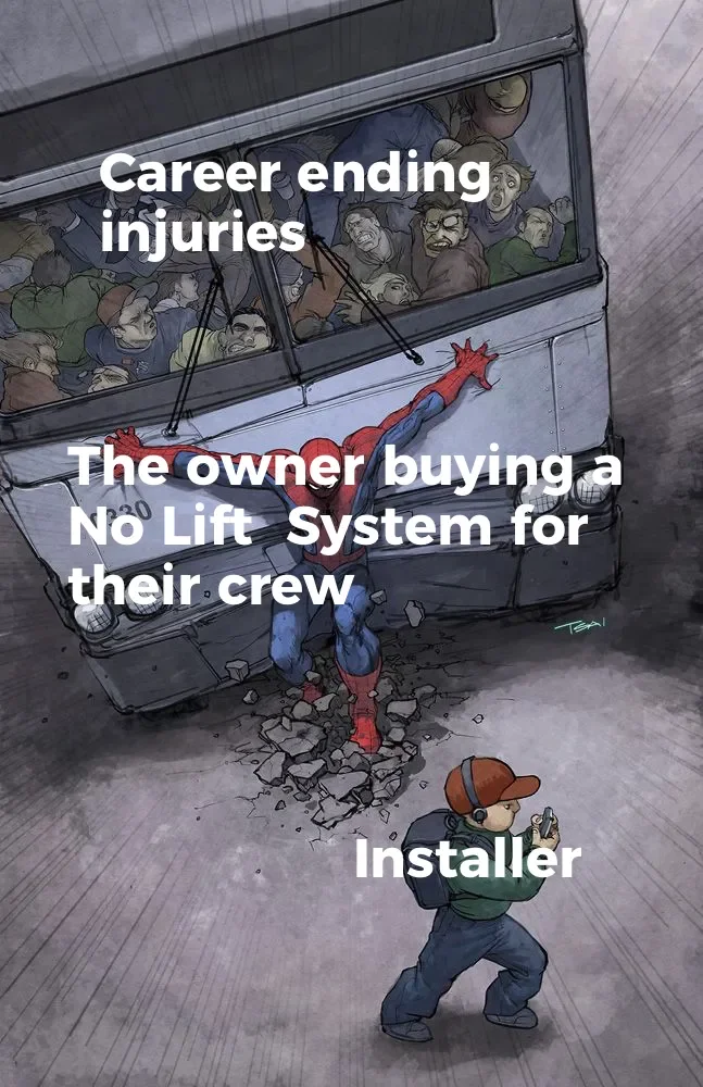 A cartoon illustration of Spider-Man hanging onto the front of a bus with a cracked windshield, holding a cable that is connected to the bus. The bus is crowded with passengers inside. A worker, labeled 'Installer,' is standing below, using a device 