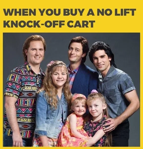 A promotional poster for the TV show "Married... with Children" featuring the main cast standing together, with the text "When you buy a no lift knock-off cart" at the top. The cast includes four adults and two young girls, all smiling.