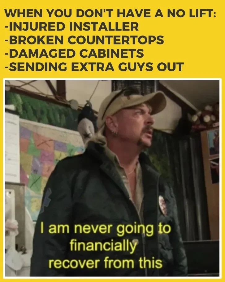 A person dressed as a security guard with a hat, standing indoors with a map on the wall behind him. The image features a humorous caption about the difficulties of renovation work.