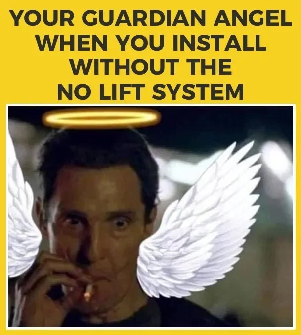 A man with digital angel wings and a glowing halo above his head, with text that says 'Your guardian angel when you install without the no lift system.'
