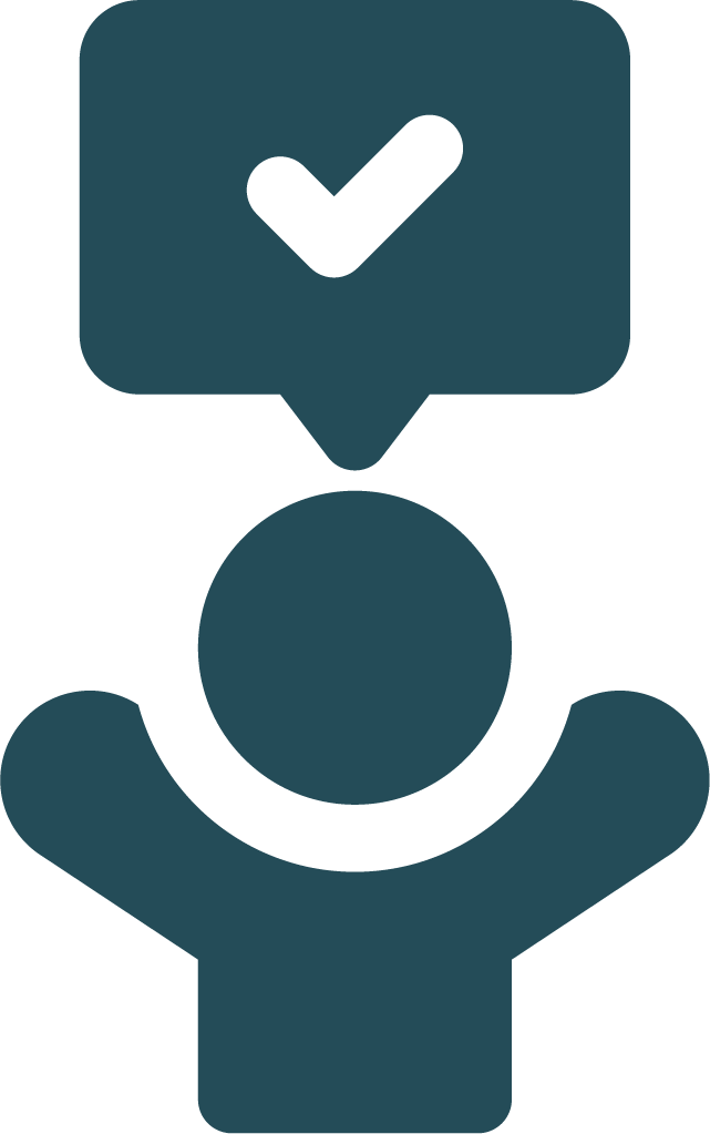 Icon of a person with a speech bubble containing a checkmark above their head
