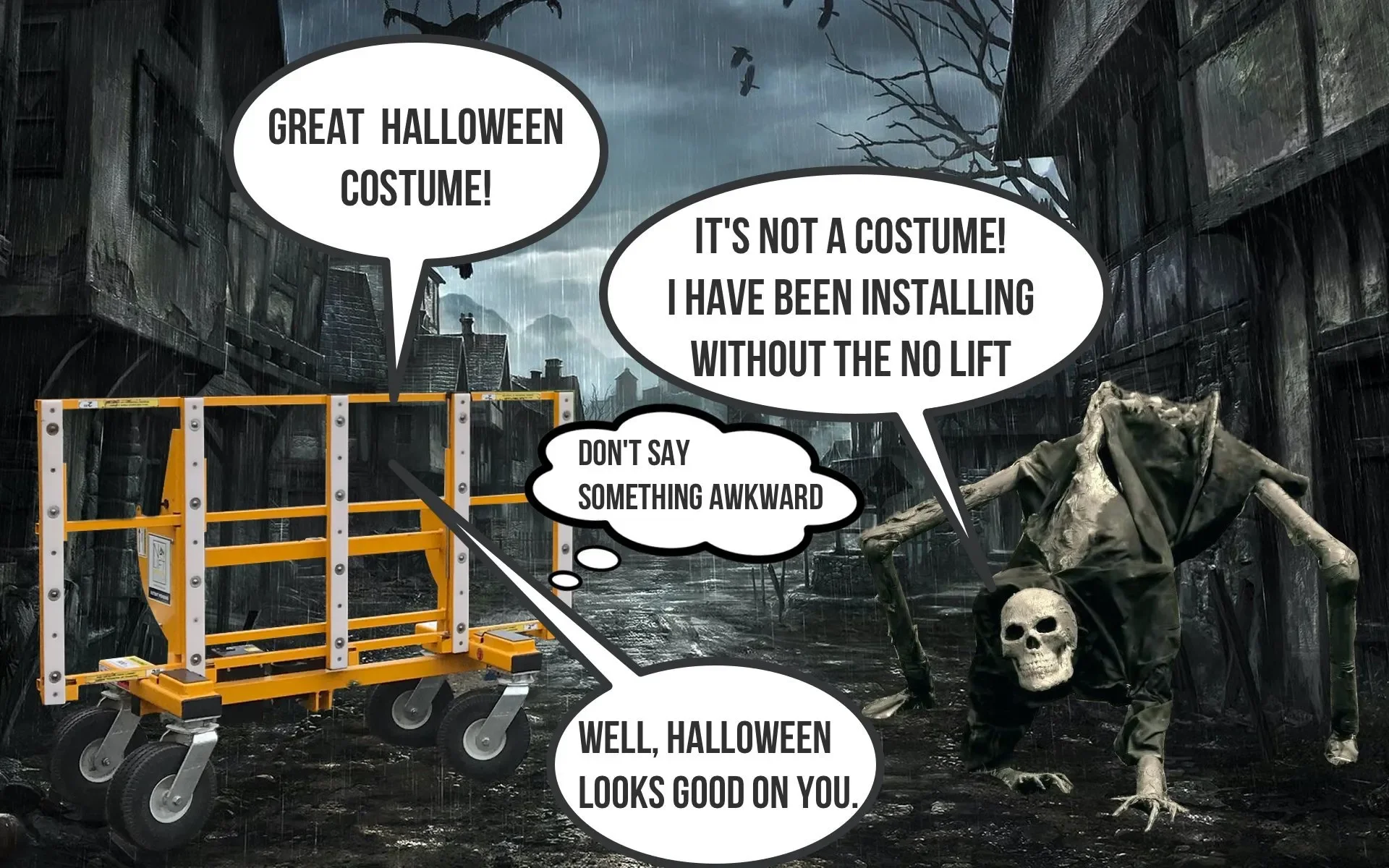 A Halloween-themed scene with a skeleton wearing a scythe, a skeleton skull, a yellow mobile scaffold, and speech bubbles with humorous Halloween dialogue against a dark, rainy street with old buildings and dead trees.