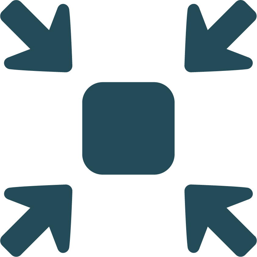 A dark blue square with rounded edges in the center, surrounded by four arrows pointing outward, each arrow is dark blue and positioned at the top left, top right, bottom left, and bottom right.