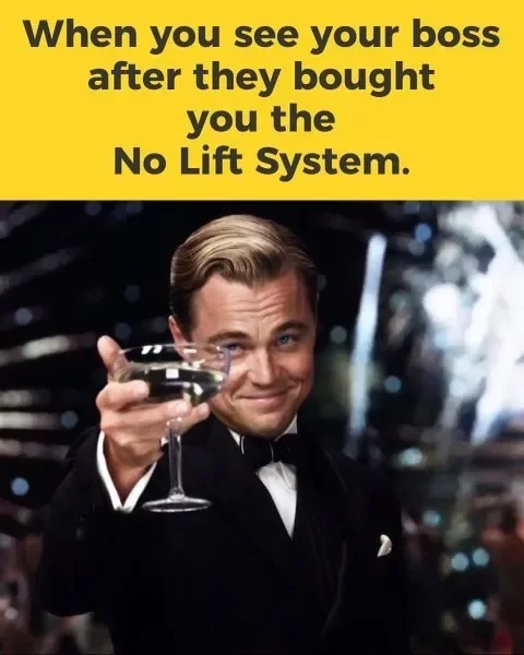 A man in a tuxedo raising a glass of wine or champagne and smiling, with a humorous caption about a boss buying a no lift system.