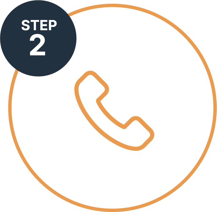 Step two of a process showing a phone receiver icon inside an orange circle with a dark gray label reading 'STEP 2' in the top left corner.
