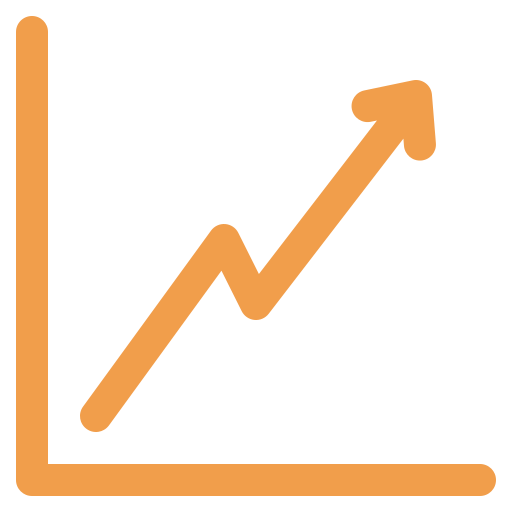 An upward trending line graph with an orange line and an arrow pointing up.