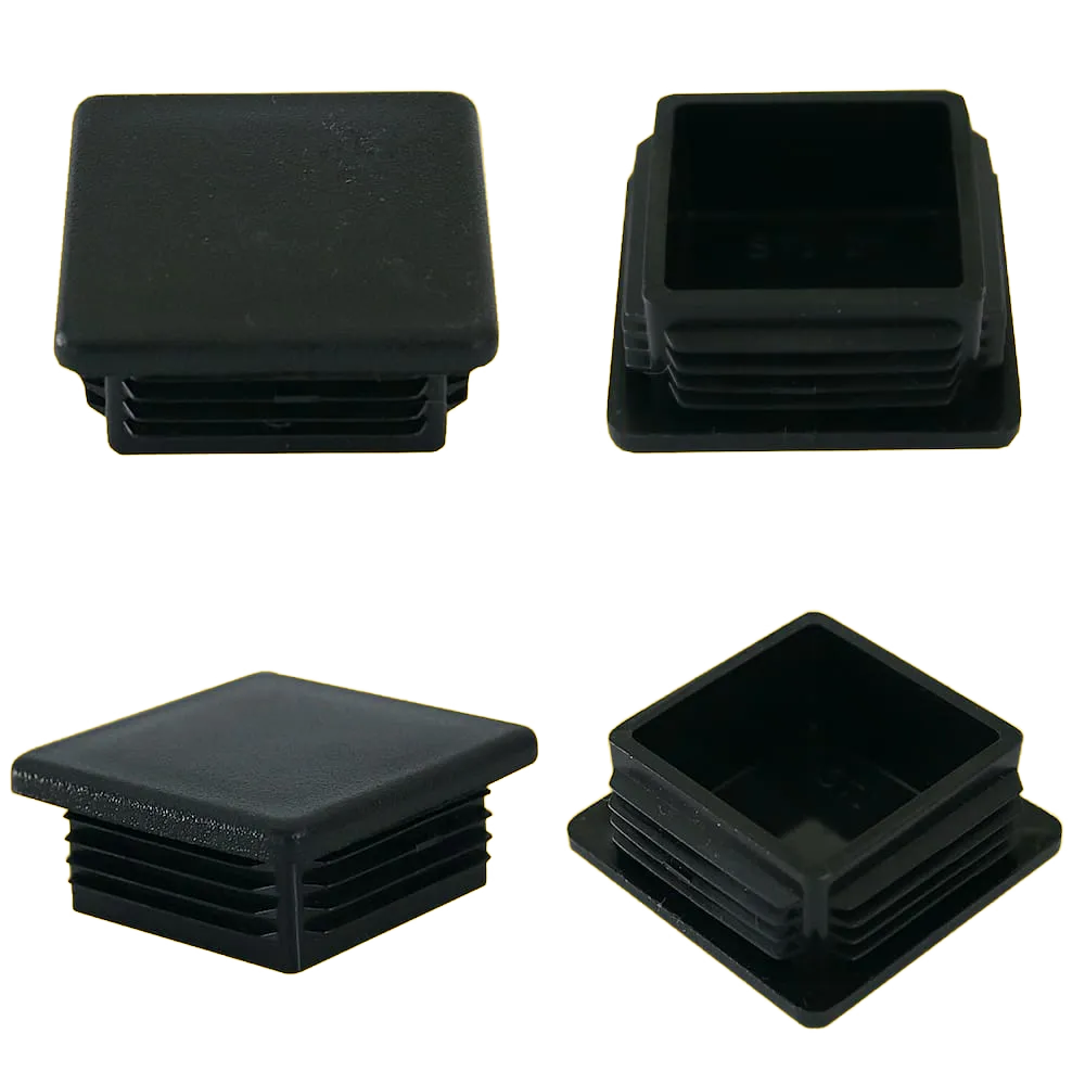 Four black rubber foot pads with ridged sides shown from different angles.