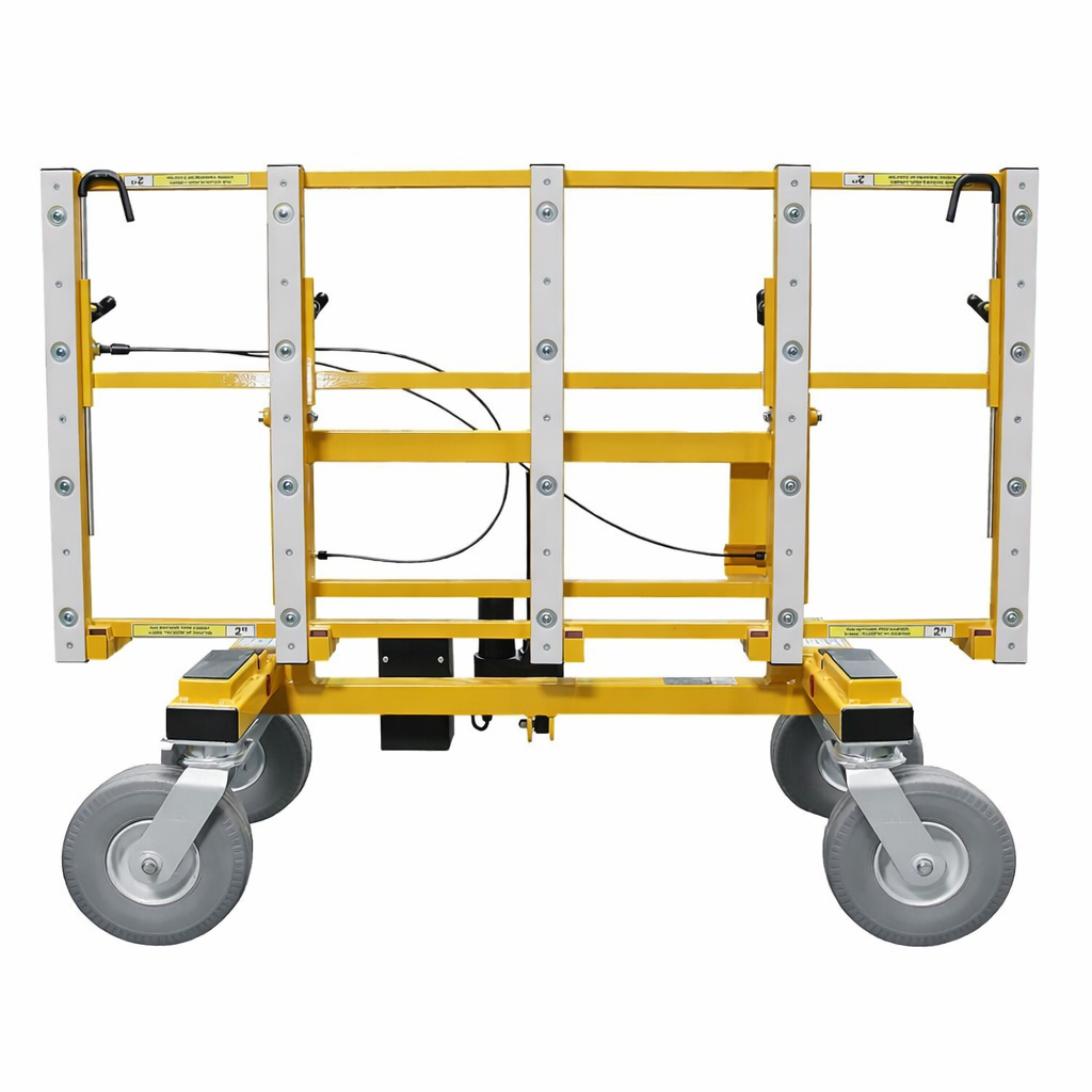 A yellow and gray rolling scaffold with wheels, used for building or maintenance work at heights.