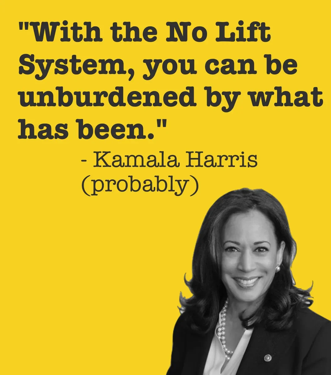 Quote by Kamala Harris on a yellow background, with a grayscale photo of Kamala Harris smiling, wearing a black blazer and pearl necklace.