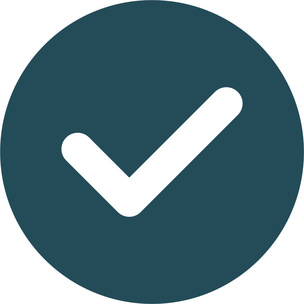A dark teal circular icon with a black checkmark in the center, representing approval or confirmation.