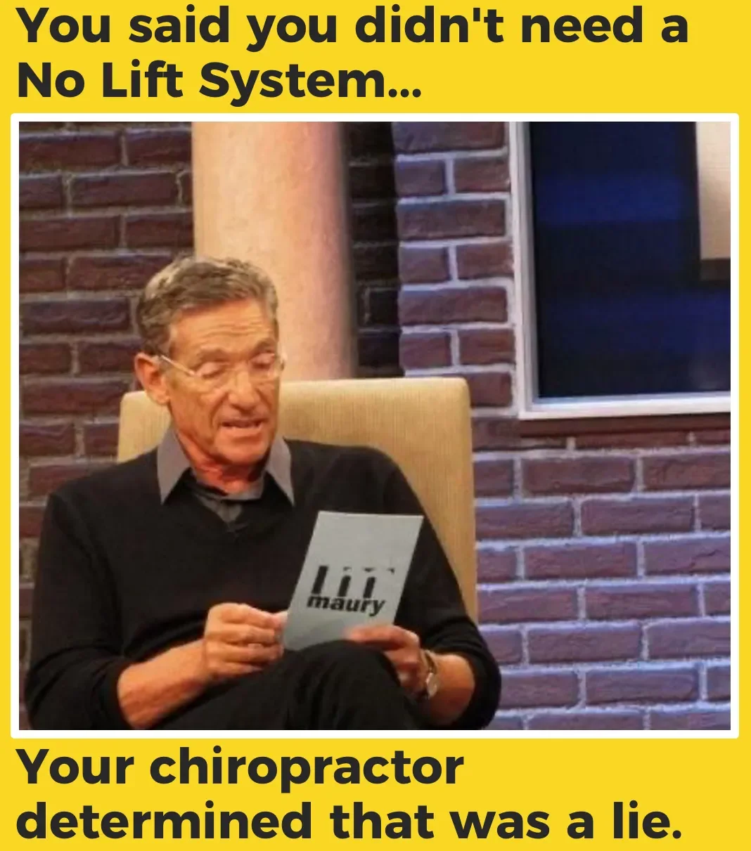 A man sitting in a beige chair, reading a pamphlet titled 'Li Maury,' with a brick wall and a window in the background, accompanied by humorous yellow text indicating false claims about a lift system and chiropractor verdict.