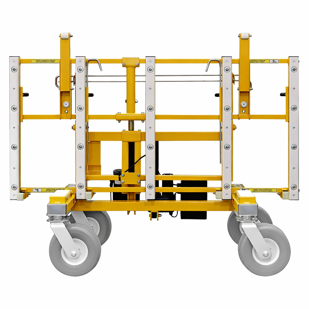 Yellow and white mobile scaffolding platform with four wheels.
