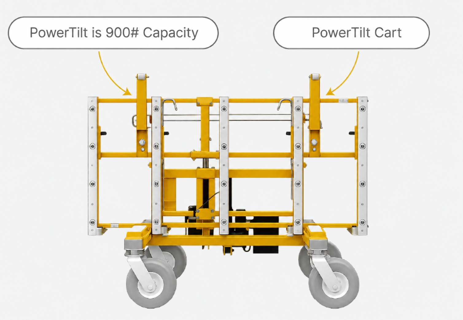 Yellow and silver mobile lifting platform with wheels, labeled with a capacity of 900 pounds and featuring the brand PowerTilt.