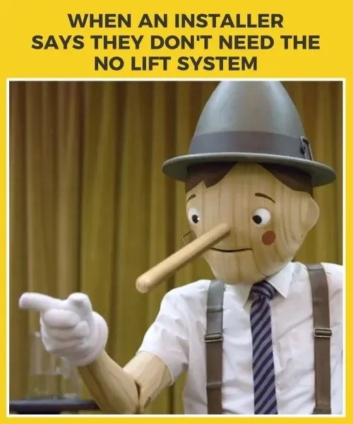 A wooden puppet character with a long nose, dressed in a white shirt, suspenders, and a blue tie, wearing a gray hat. The puppet is pointing with its left hand and has a humorous expression. Text above reads: "When an installer says they don't need t