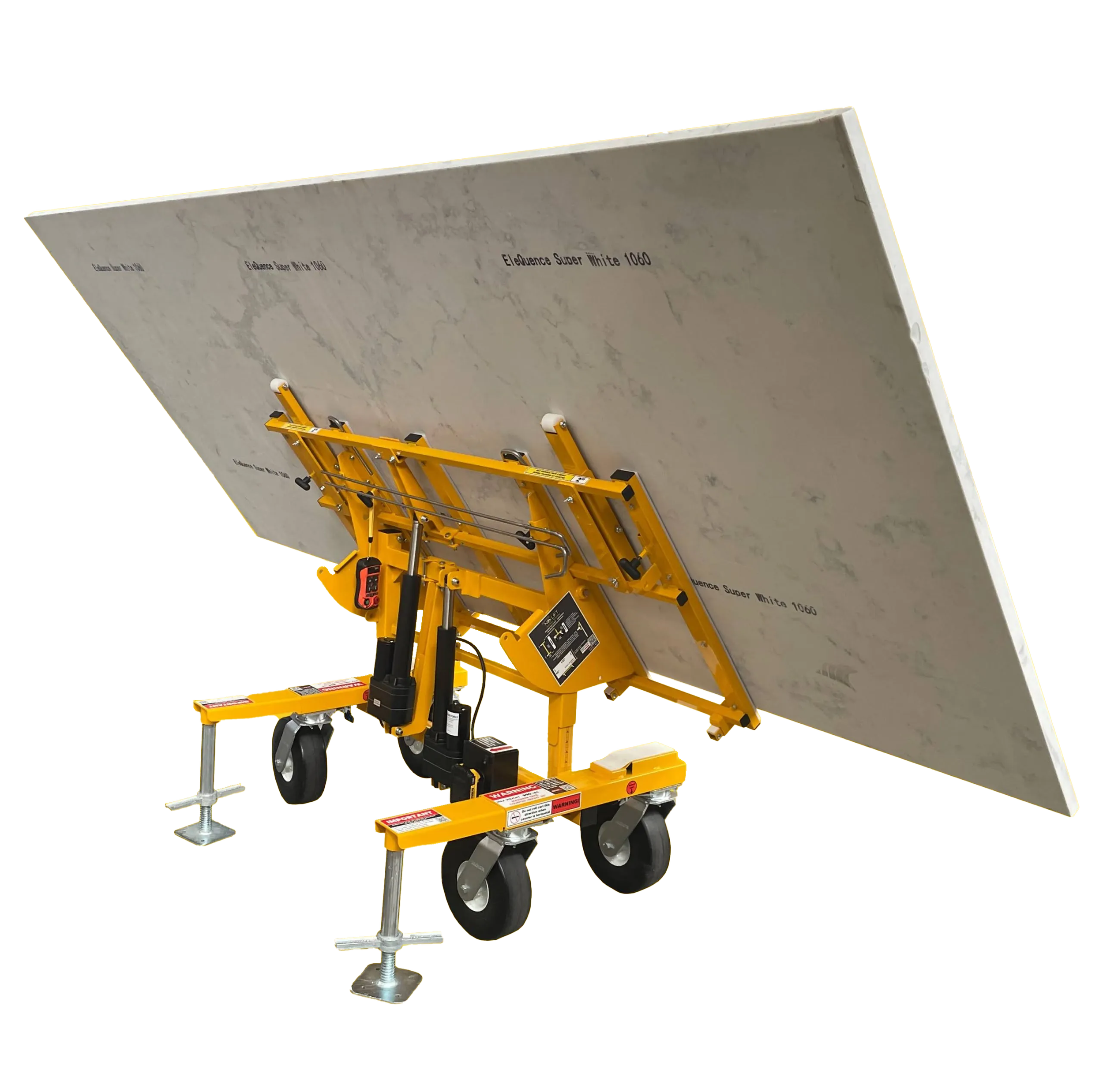 A yellow construction lift stand holding a large white marble slab labeled 'Elequence Super White 1060' against a plain background.