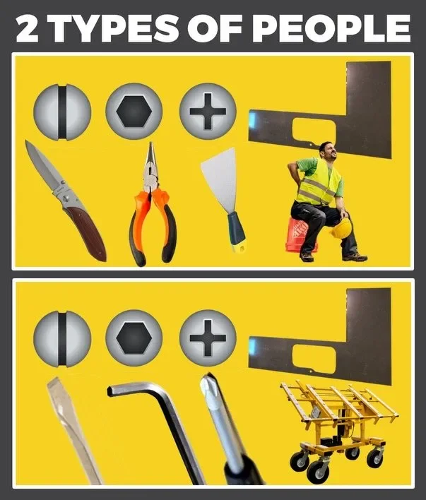 Comparison of two types of people with yellow background, showing various tools and a worker kneeling with a safety vest in the top section, and different tools with a wheeled platform in the bottom section.