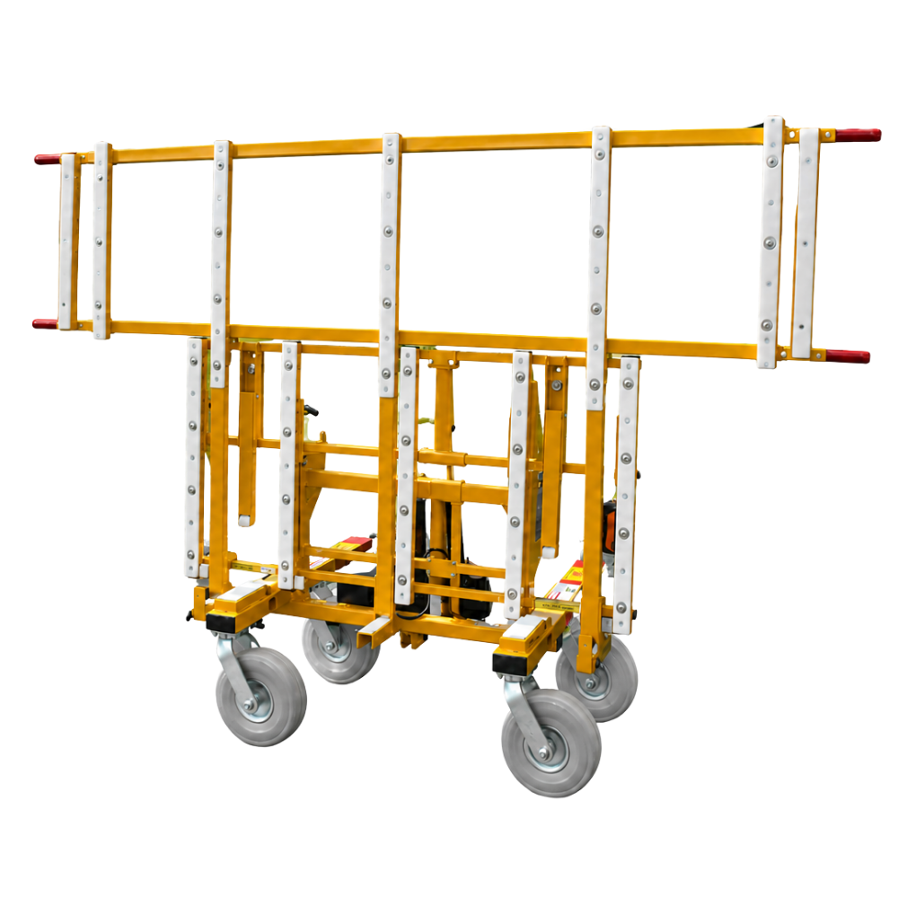 A yellow rolling cart with transparent and colored panels on the sides and wheels at the bottom.