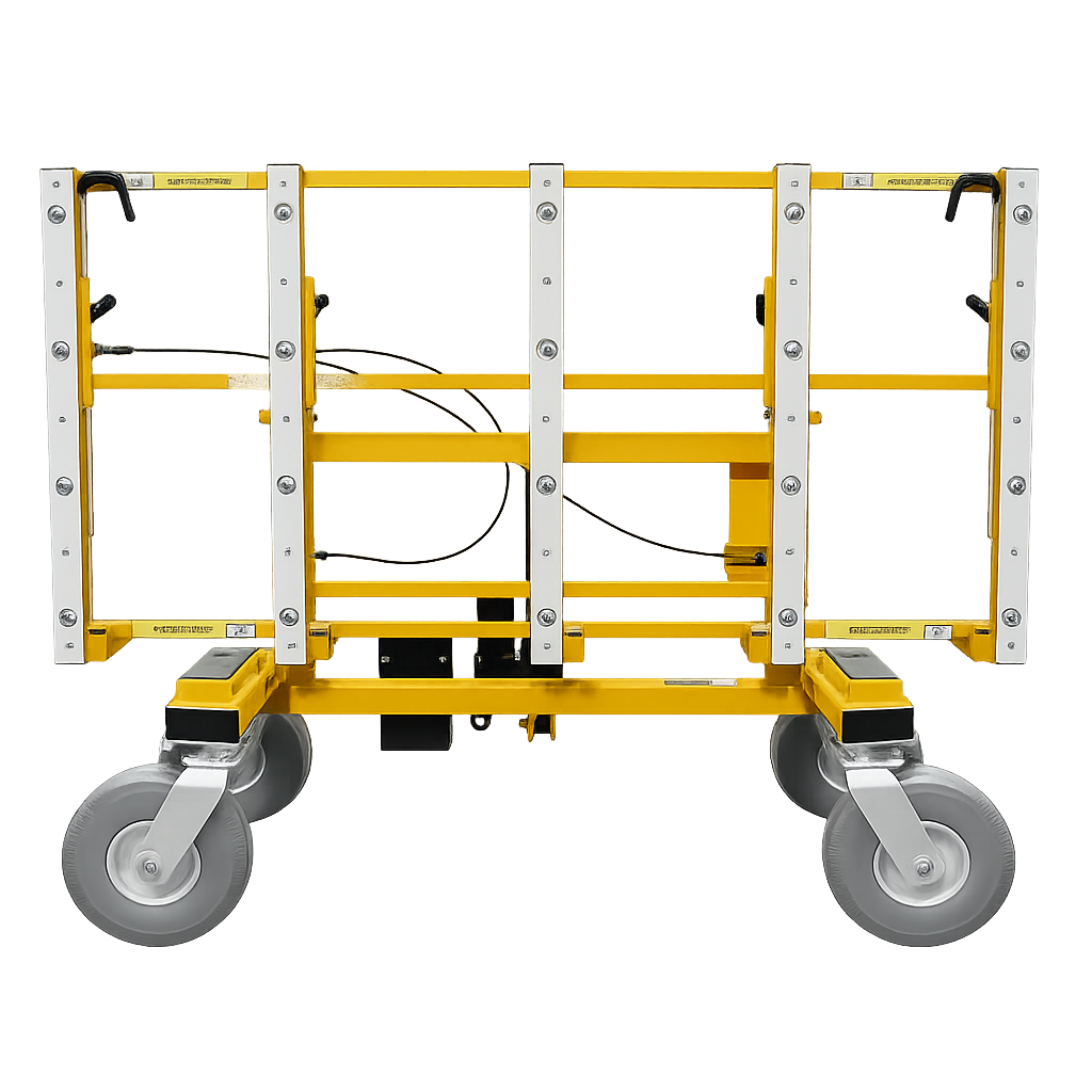 A yellow utility cart with wheels and upright panels.