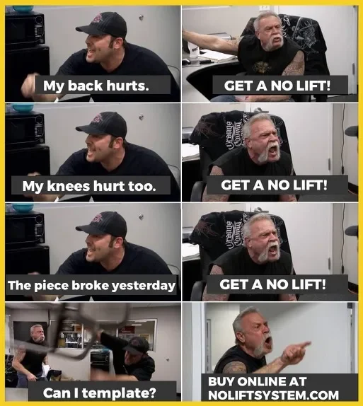 A four-panel comic strip featuring two men in a discussion, with a humorous exchange about pain and getting a lift, ending with a question about a T-shirt template and a website advertisement.