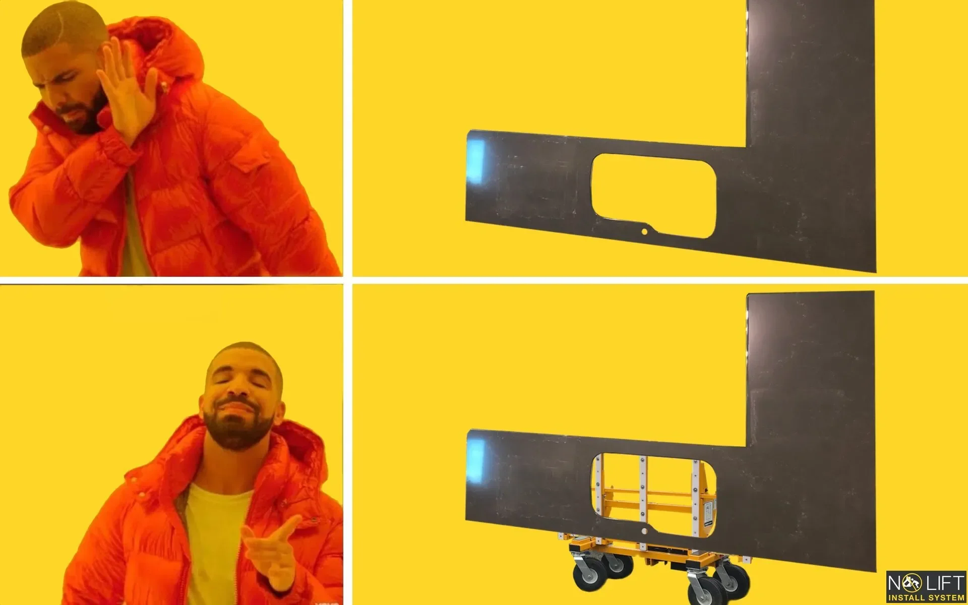A meme featuring Drake rejecting something in the top image and approving something in the bottom image, with an yellow background. The top part shows Drake with a displeased expression, rejecting a black LED screen on a stand. The bottom part shows 