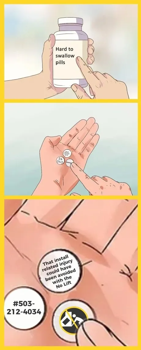A three-panel illustration showing a medication bottle labeled "Hard to swallow pills," someone placing pills with numbers on their palm, and a close-up of a hand with a phone number and a no-lift injury prevention icon, suggesting the pills are for 