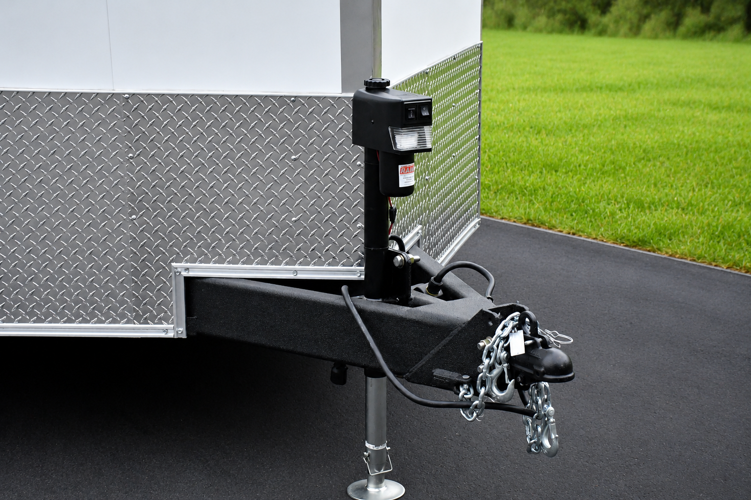 Close-up of the hitch and front part of a silver utility trailer with diamond plate paneling, parked on a black asphalt surface next to green grass.