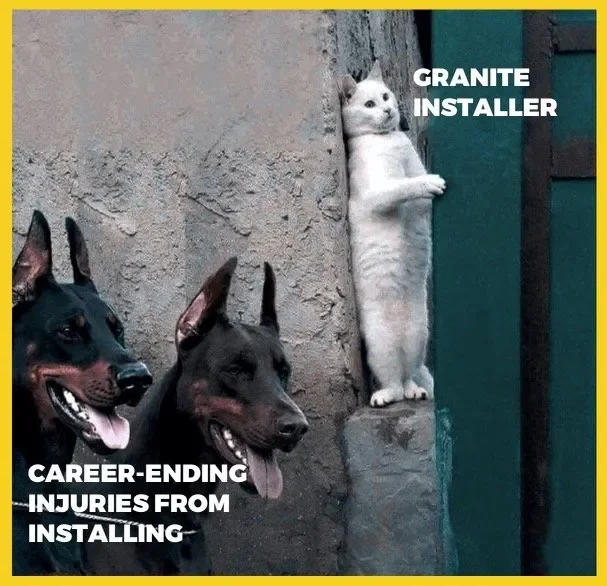 A cat standing on its hind legs leaning against a wall with the text 'Granite Installer' next to it. Two dogs with their tongues out in front of the cat, with the text 'Career-ending injuries from installing'.