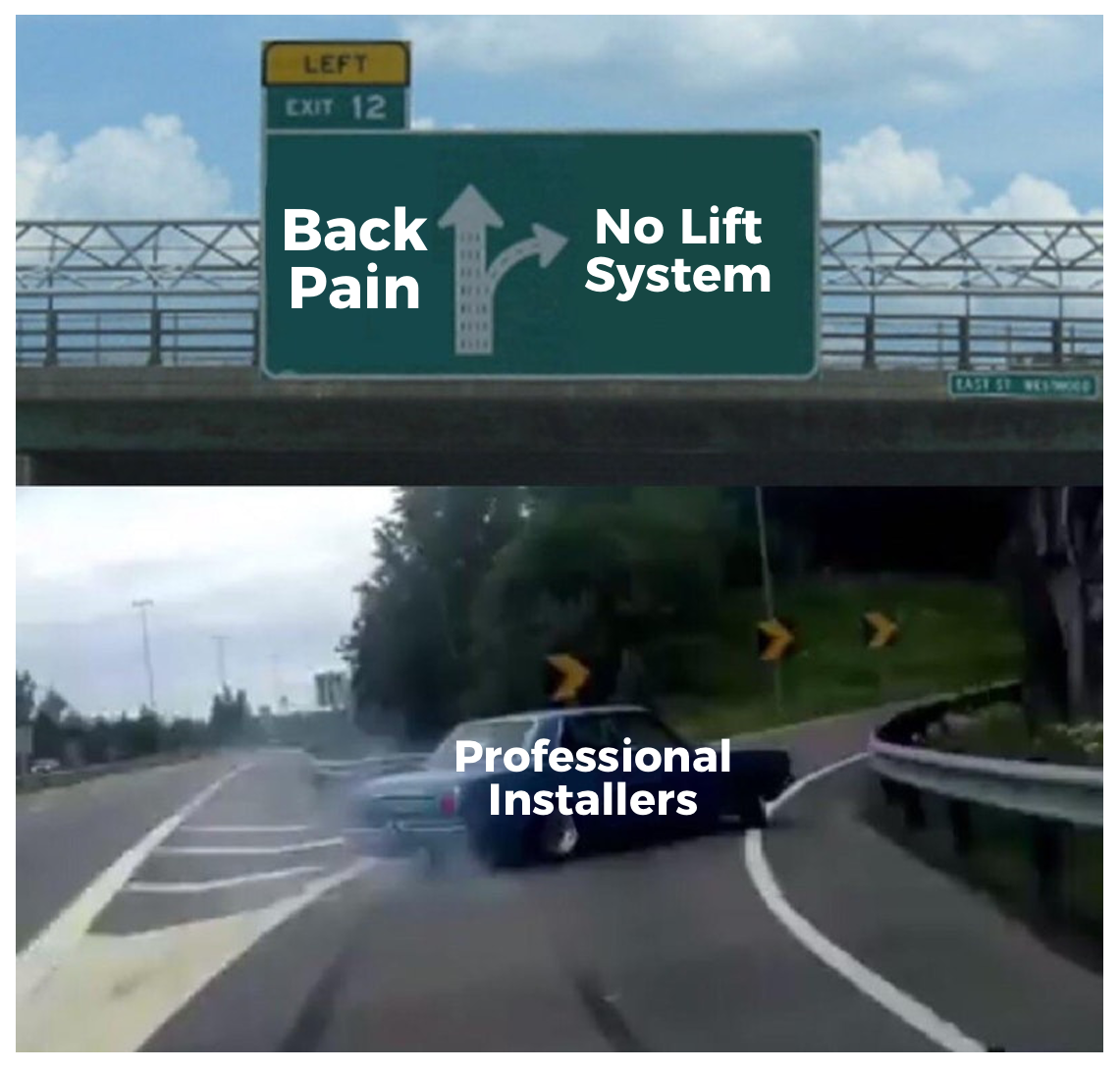 A highway sign with one option labeled "Back Pain" and an arrow going straight, and another option labeled "No Lift System" with an arrow turning right, with a car crashing into the guardrail in the lower part of the image, captioned "Professional In