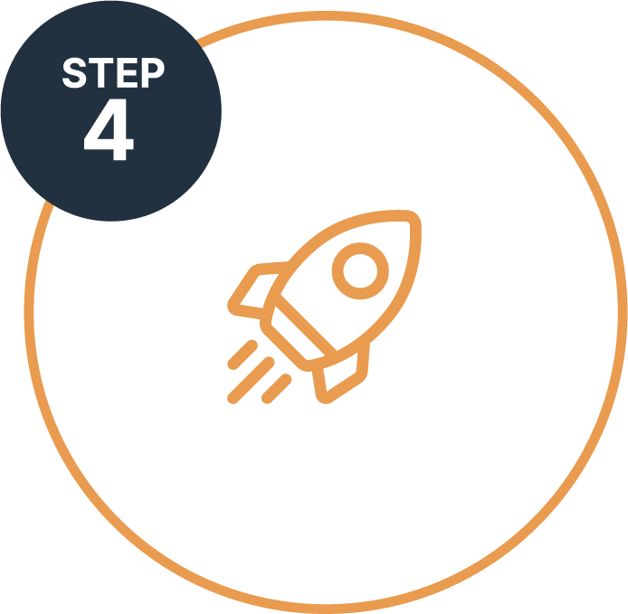 Black background with an orange outline circle, a rocket icon in the center, and a dark blue circle in the top left corner with white text that says "STEP 4".