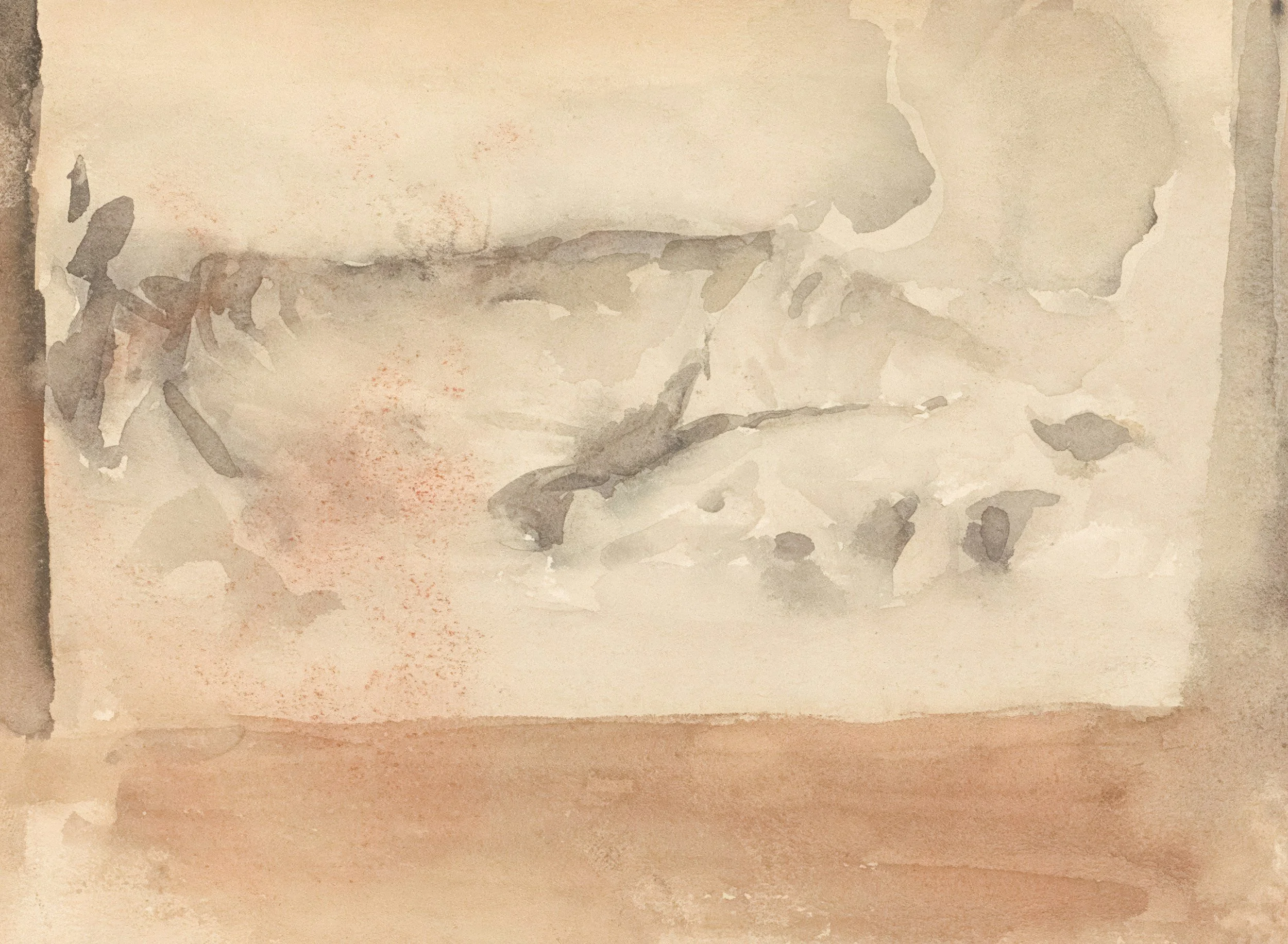 Abstract watercolor painting with soft beige and gray tones, with hints of pink and brown.