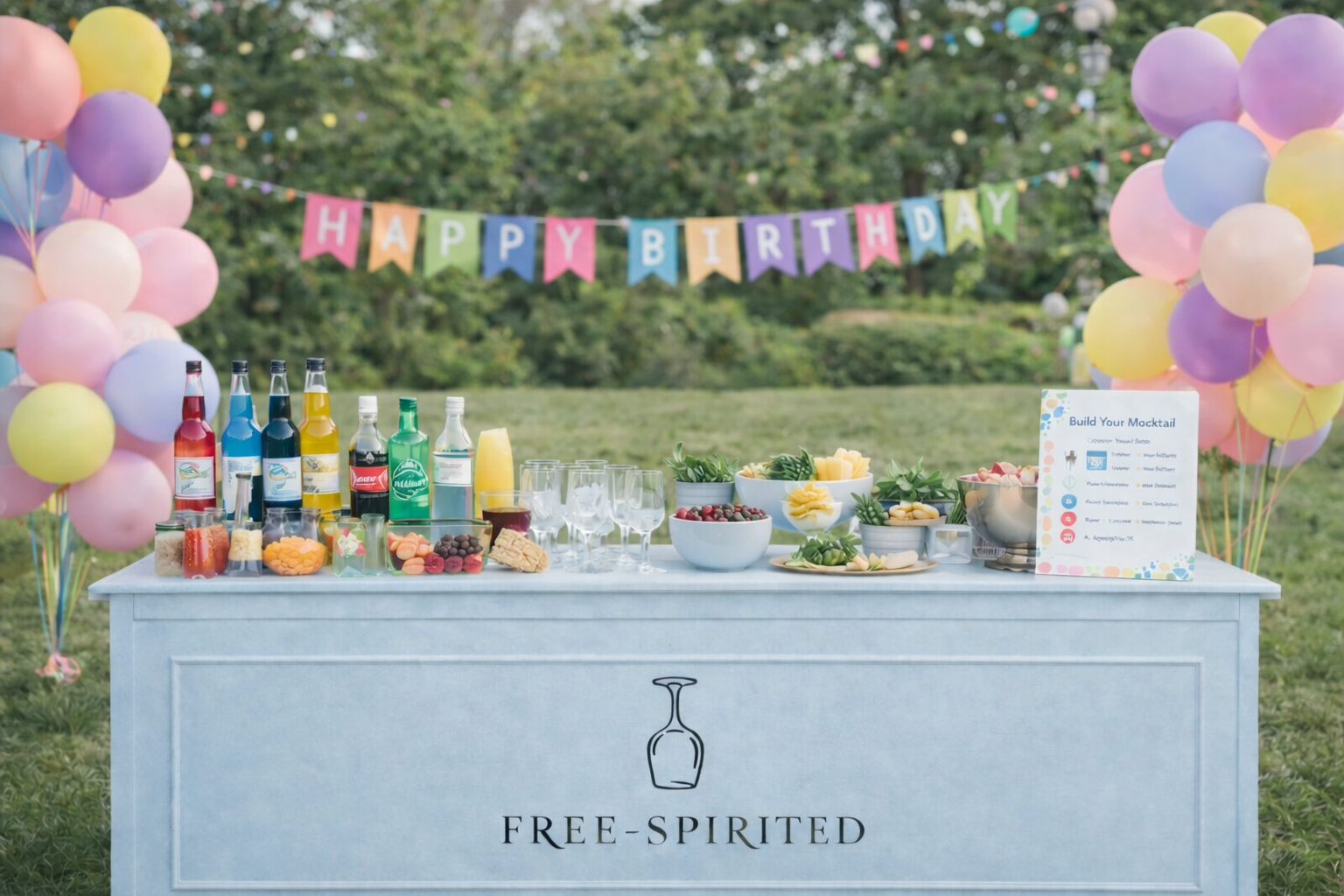 Outdoor birthday celebration with a decorated table featuring drinks, bowls of snacks and fruit, and empty glasses, set against a backdrop of balloons and a "Happy Birthday" banner in a grassy area.