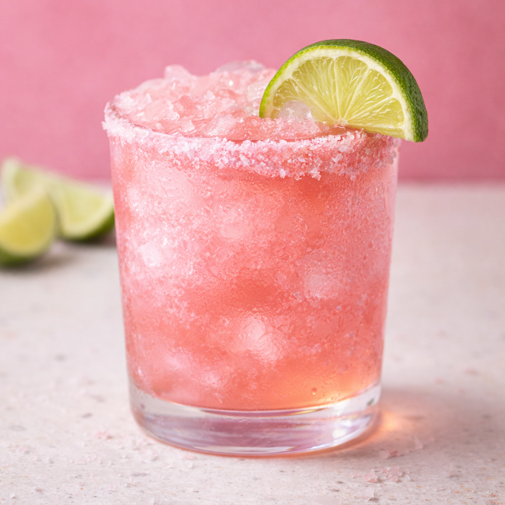 Pink cocktail in a glass with salt or sugar rim, garnished with a lime wedge, on a light surface with lime wedges in the background.