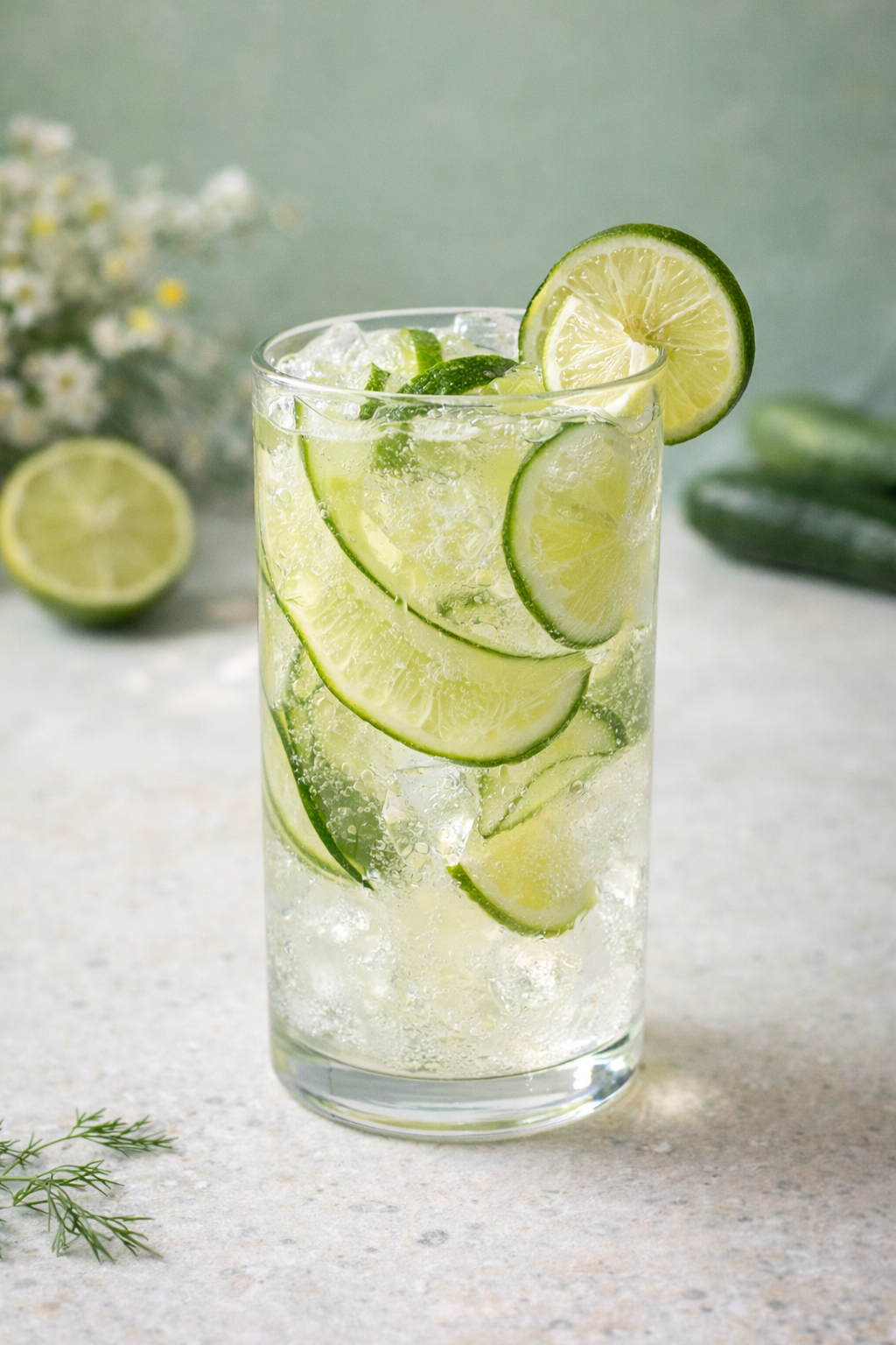A tall glass of sparkling water with lime slices and ice, garnished with a lime wheel on the rim, on a light surface with a blurred background of more lime halves and greenery.