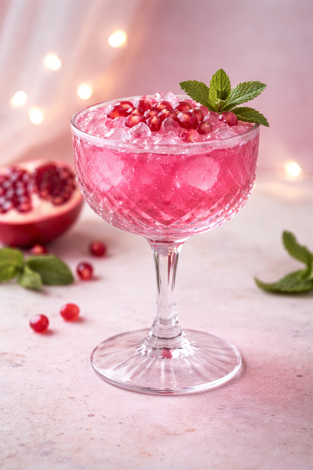 A pink pomegranate cocktail in a decorative glass garnished with pomegranate seeds and a mint sprig, with half a pomegranate and scattered pomegranate seeds and mint leaves in the background.