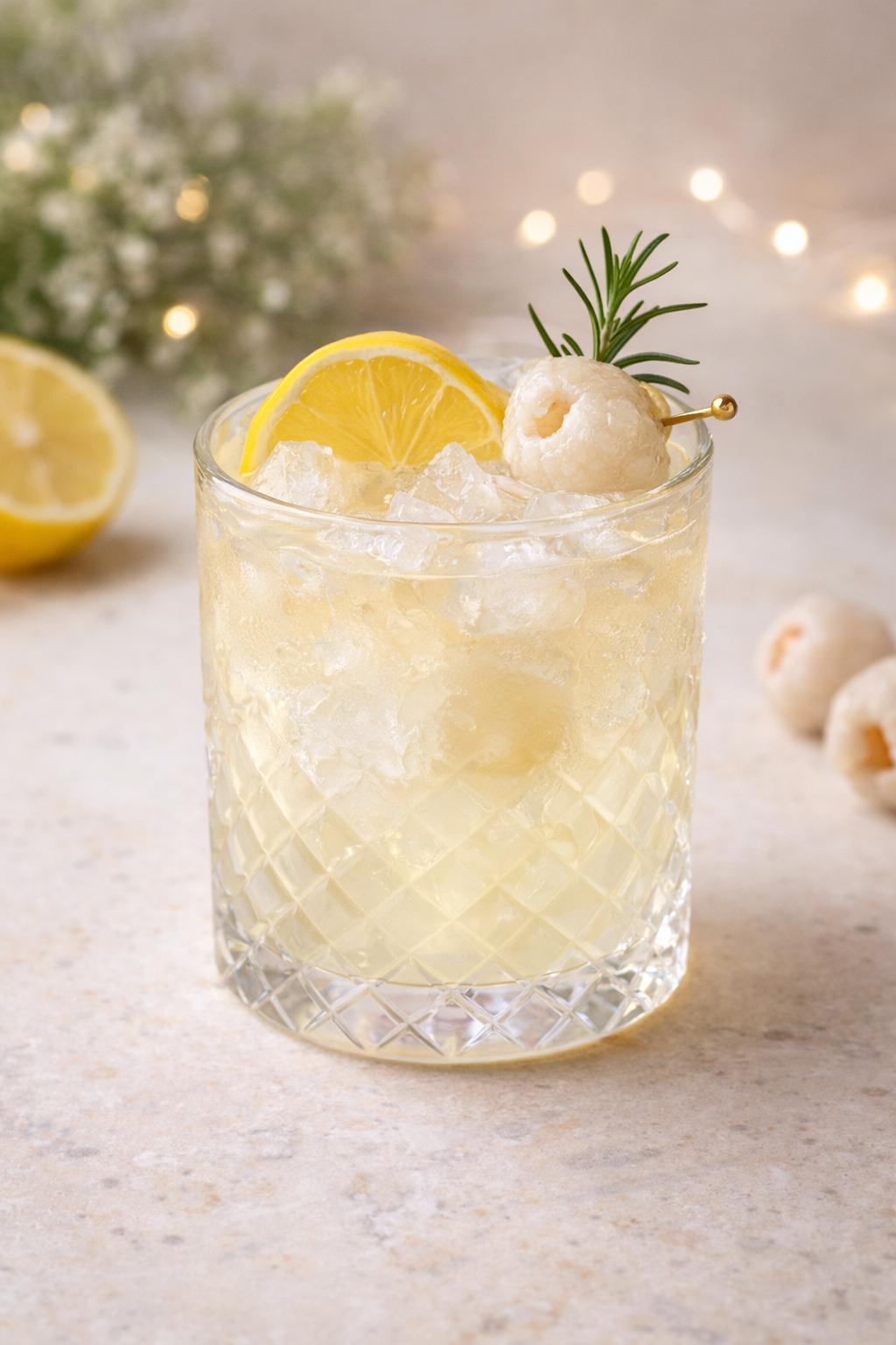A glass of lemonade with ice, garnished with lemon slices, a sprig of rosemary, and a decorative pick with a lychee, on a light surface with blurred background and fairy lights.
