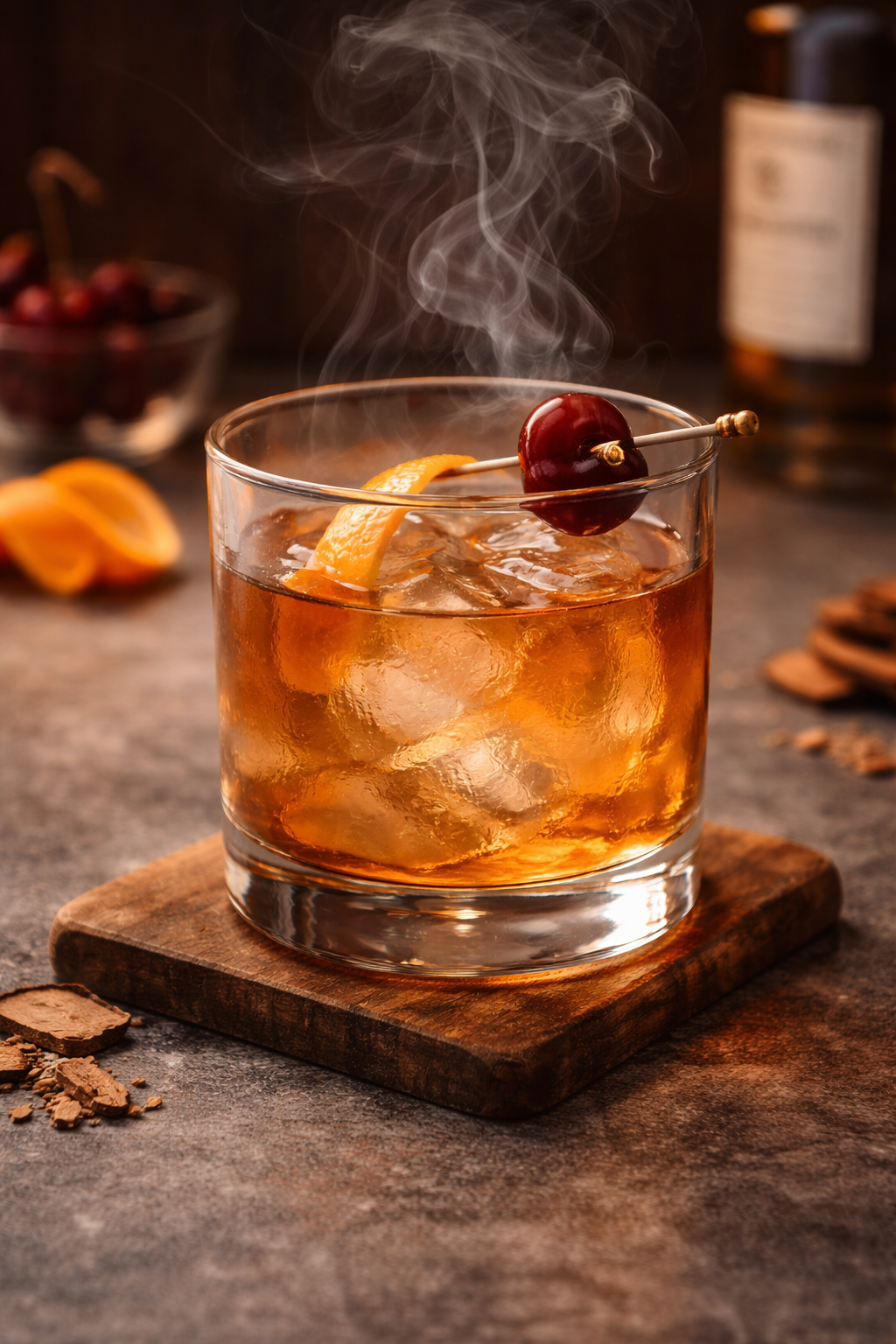 A glass of whiskey with ice, garnished with a cherry and an orange peel, on a wooden coaster, with a smoky atmosphere and blurred background.