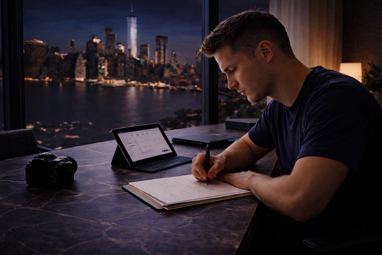 Gabriel Pineda of Lucerio Media building growth systems for service businesses in Fairfield County CT and New York, shown with modern office and city skyline background.